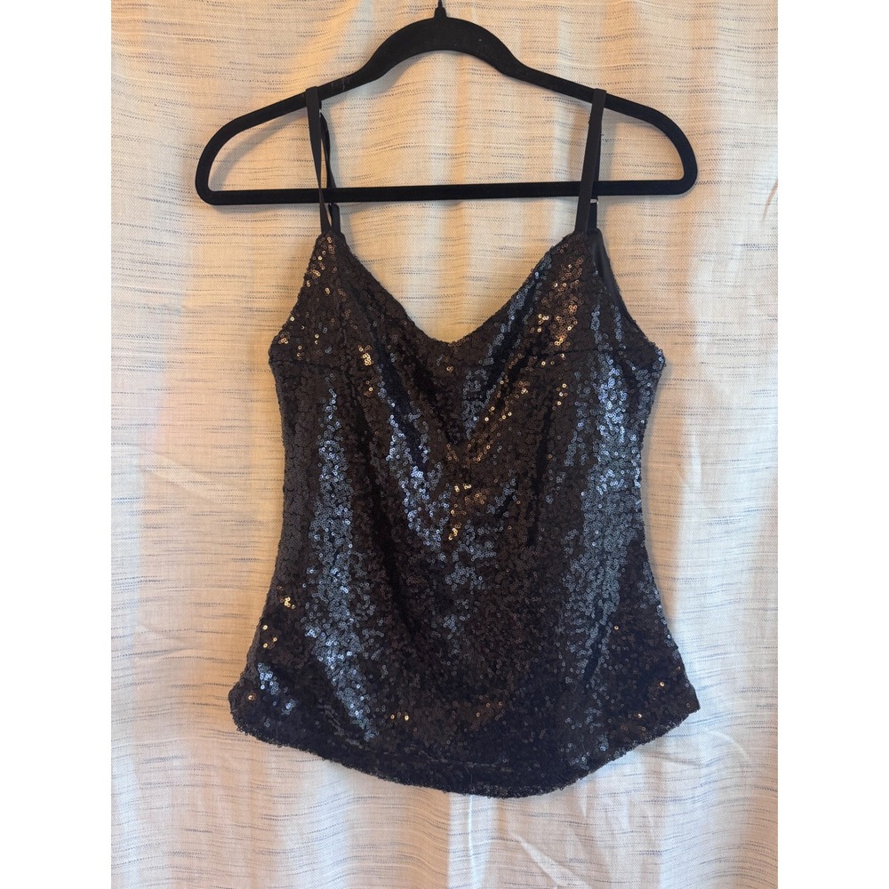 HAODUOYI Black Sequin V-Neck Camisole Top Adjustable Straps Size S